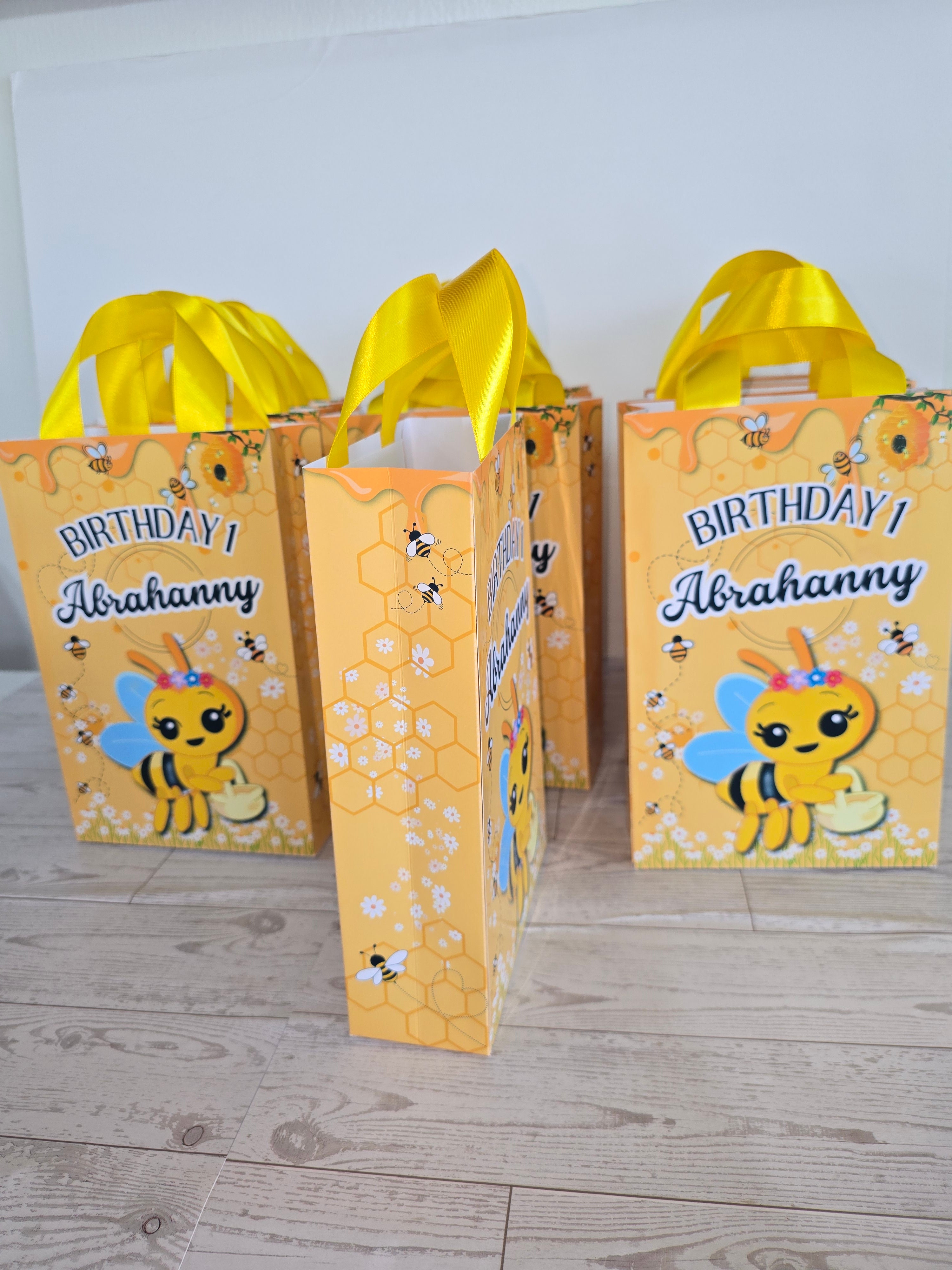 12 Personalized Abejita Chiquitica Birthday Gift Bags with Name & Age – 8.5"x5.5" Ribbon Handles
