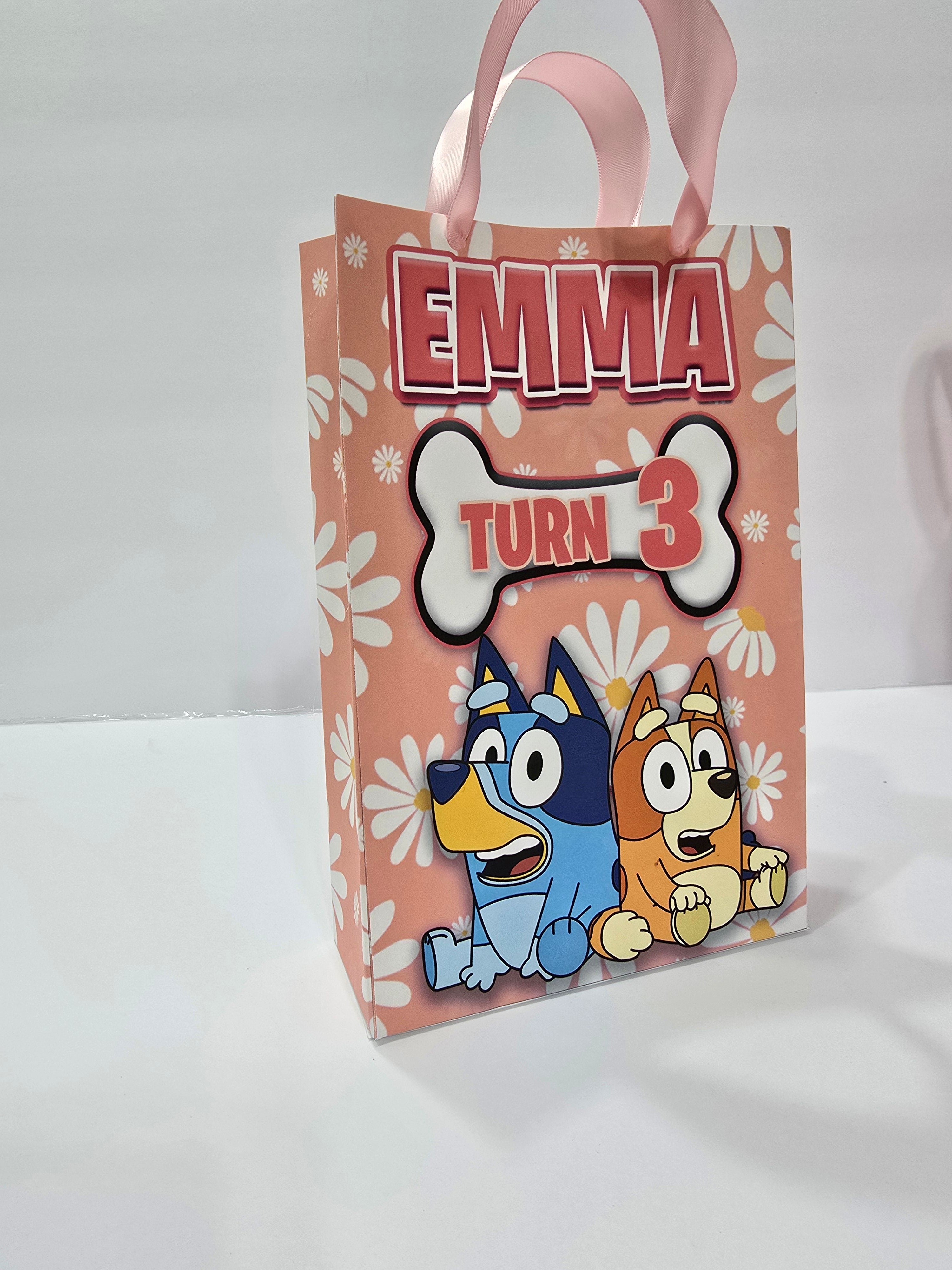 12 pcs Personalized Birthday Gift Bags with Name and Age – Bags with Ribbon Handles- 8.5"x5.5 (Bluey Rosa)