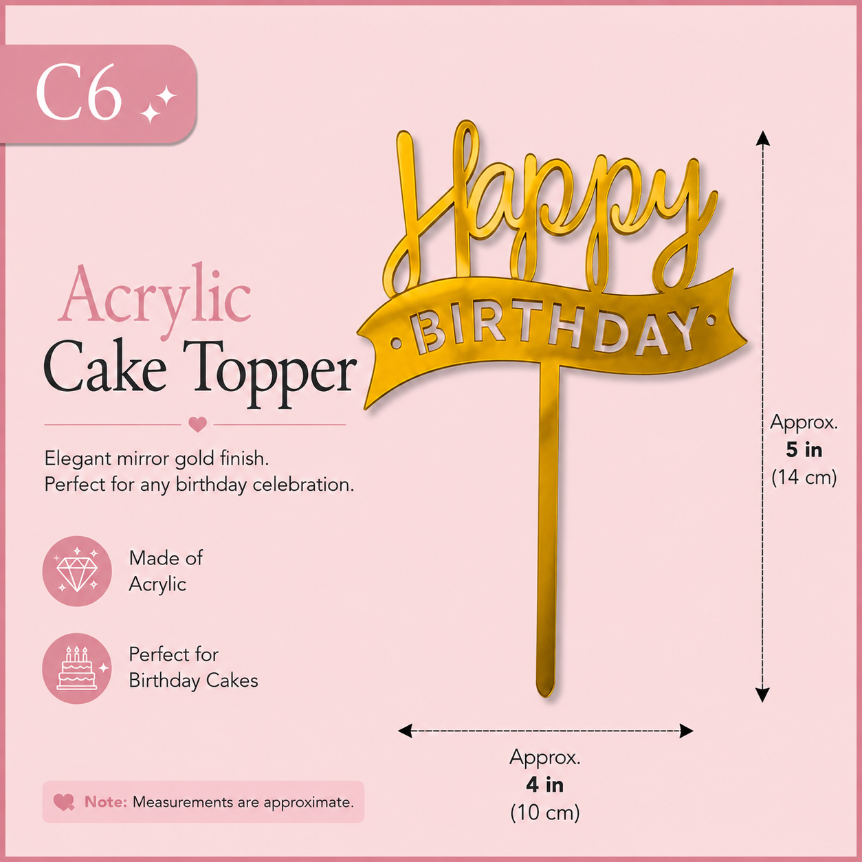 Golden Acrylic Happy Birthday Cake Topper | Mirror Gold Birthday Topper | Elegant Reusable Cake Decoration