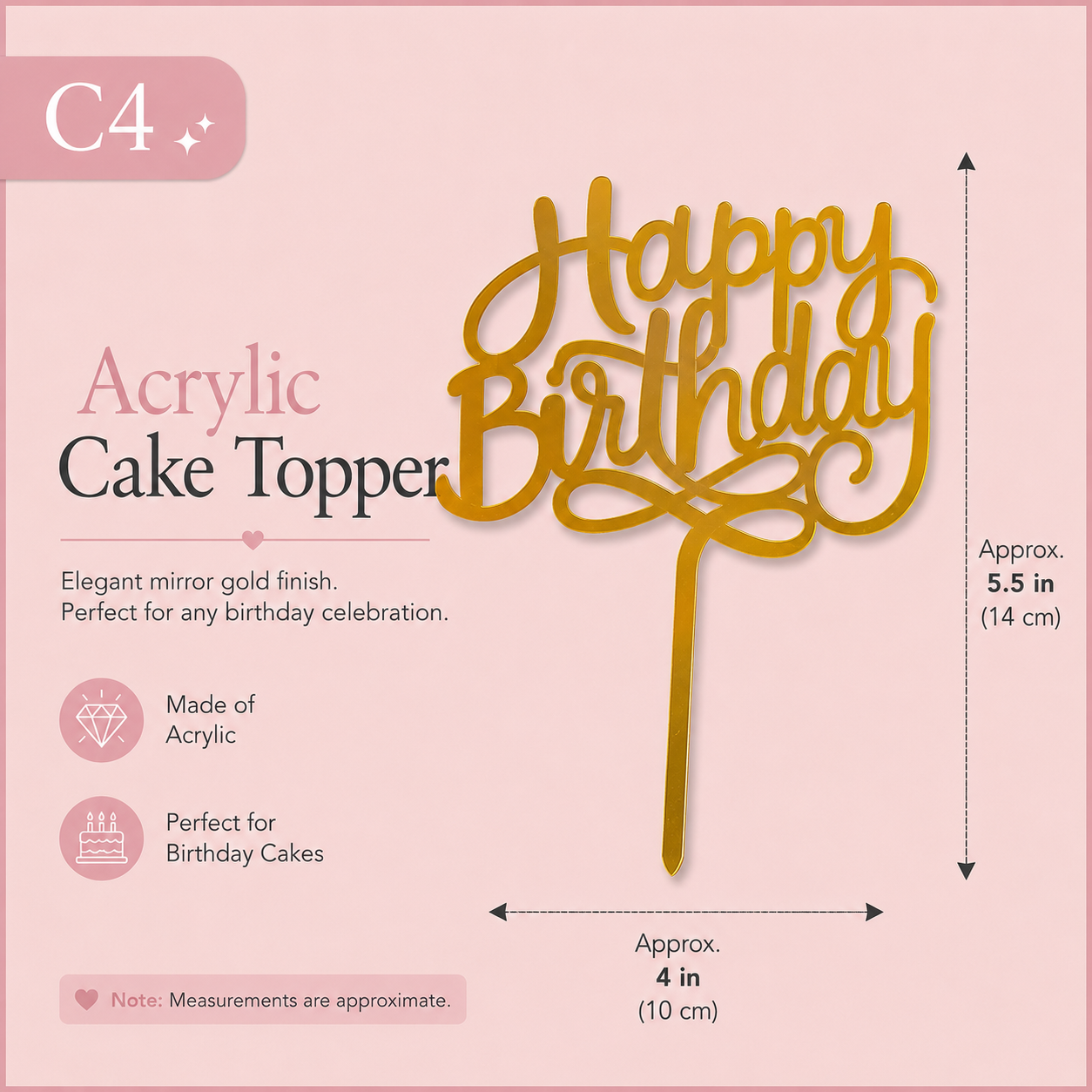 Golden Acrylic Happy Birthday Cake Topper | Mirror Gold Birthday Topper | Elegant Reusable Cake Decoration