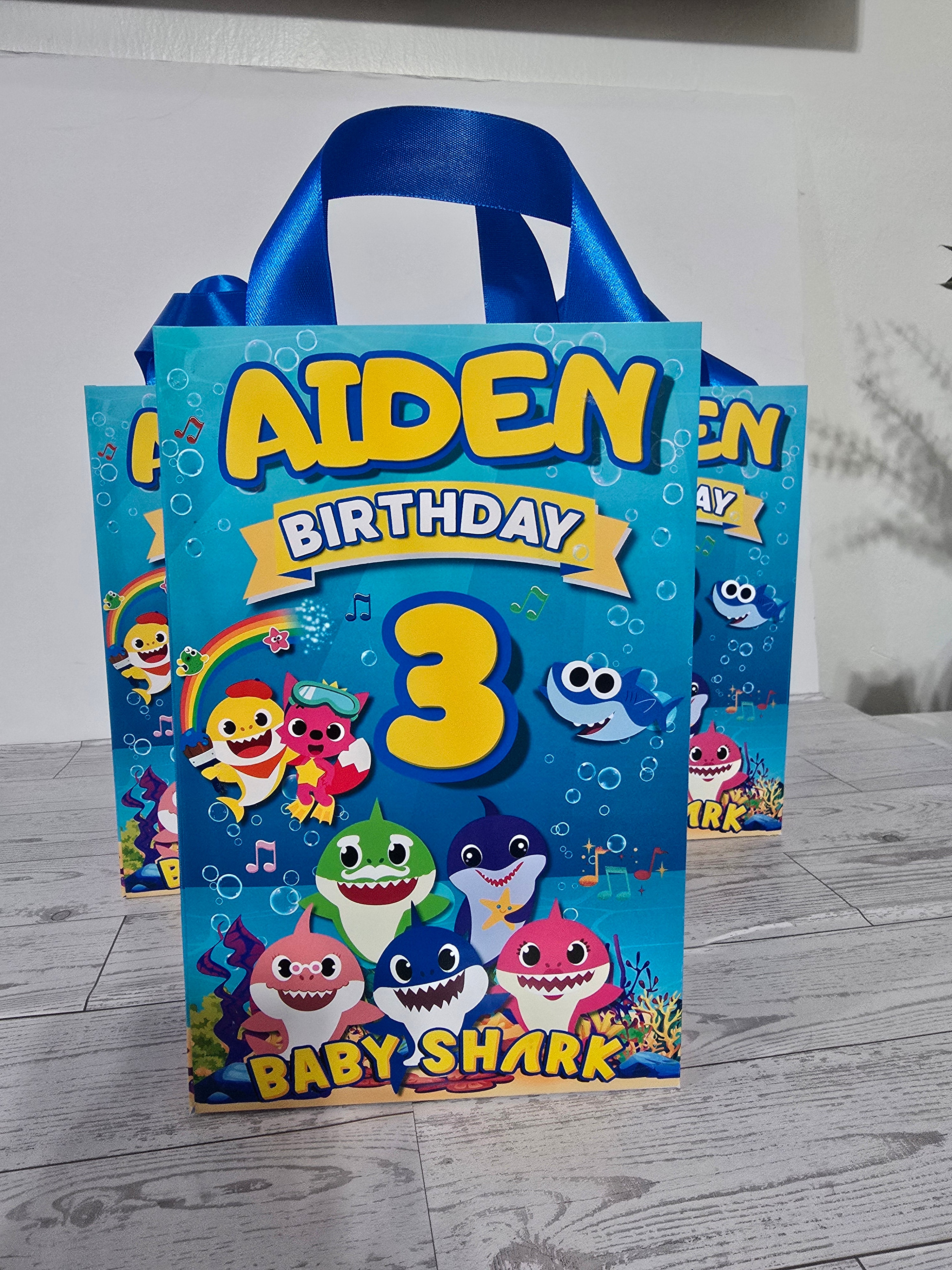16 pcs Personalized Birthday Gift Bags with Name and Age – Bags with Ribbon Handles- 8.5"x5.5 (Baby Shark