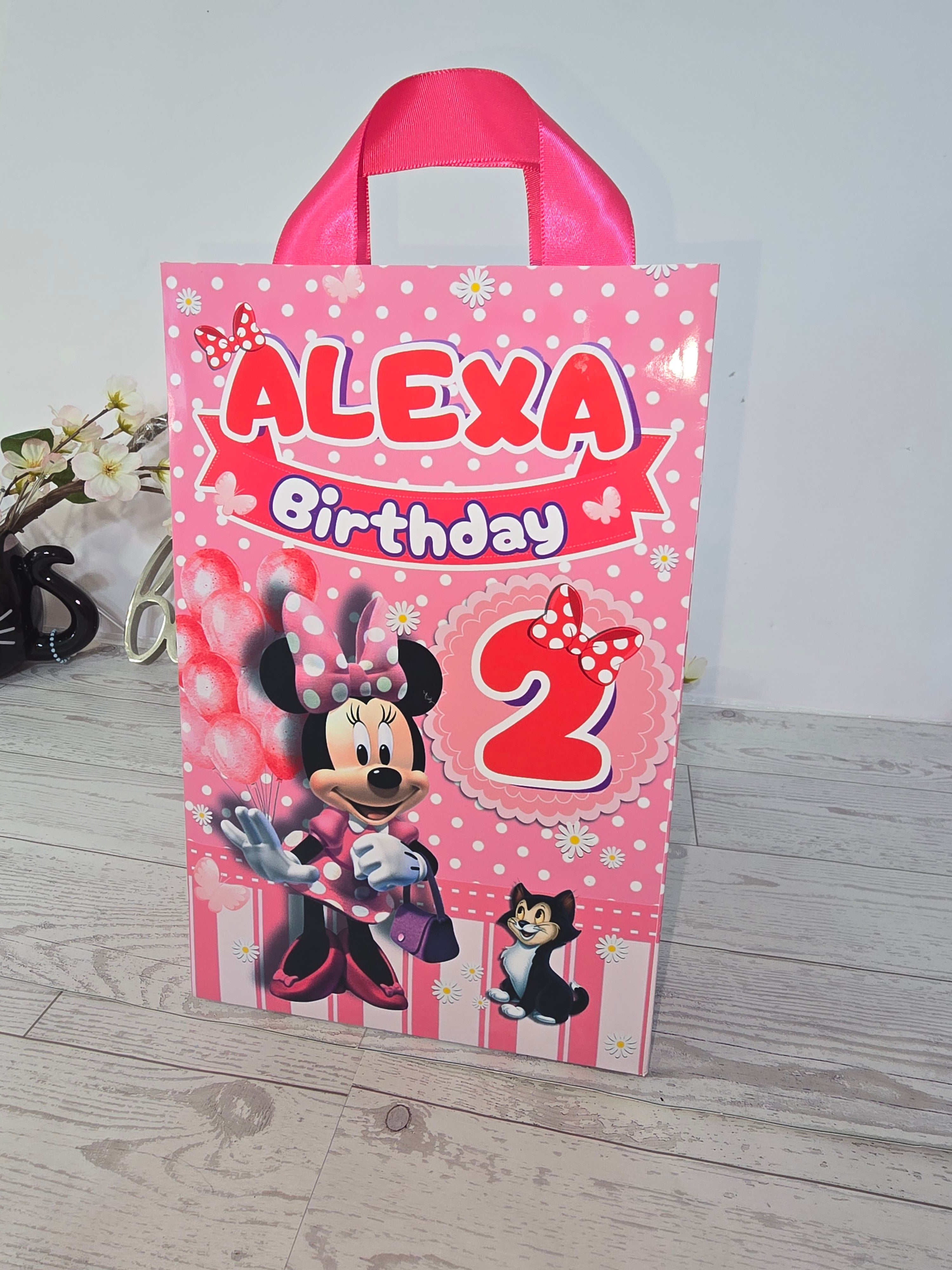 12 pcs Personalized Birthday Gift Bags with Name and Age – Bags with Ribbon Handles- 8.5"x5.5 Minnie