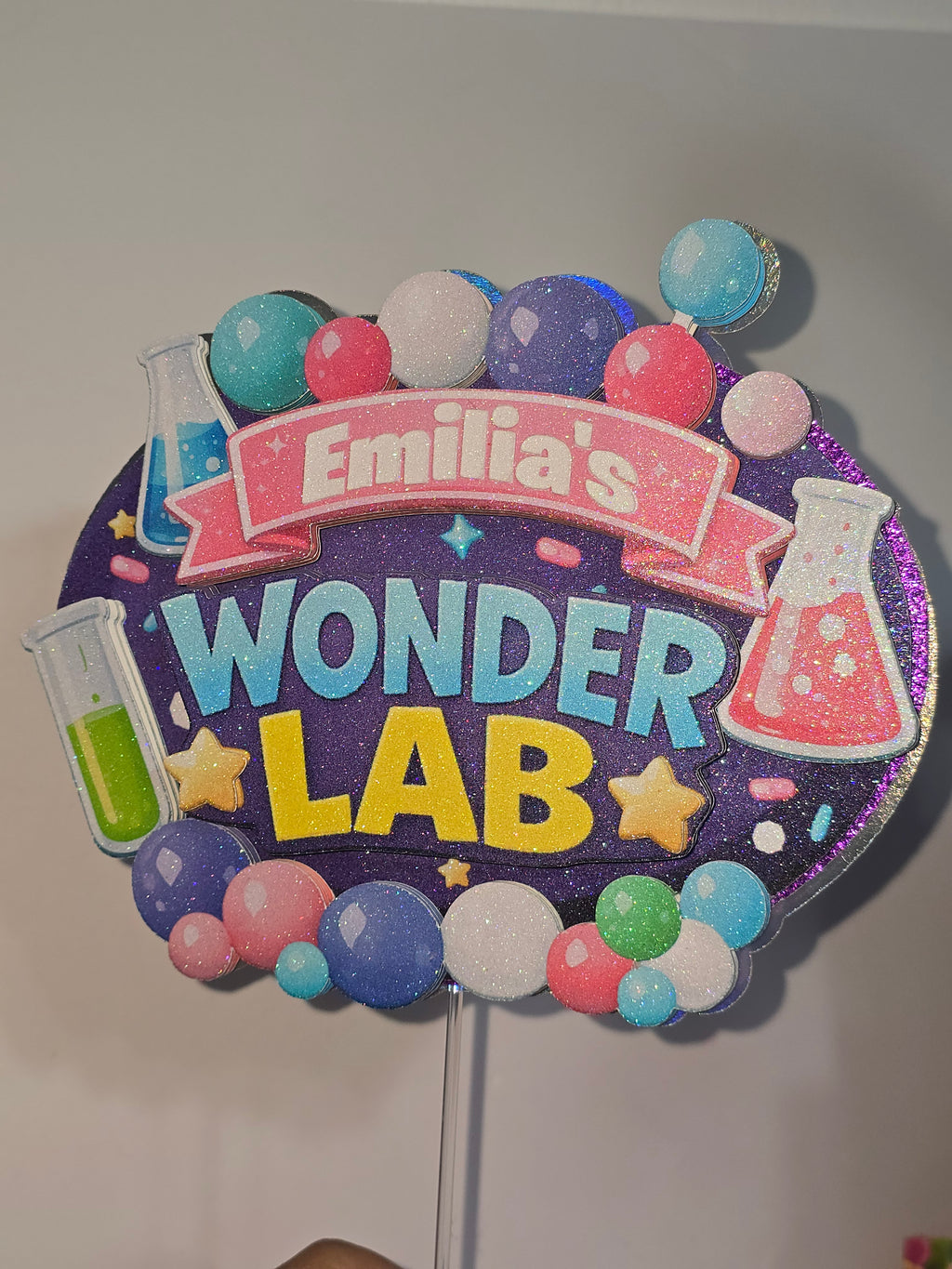 Personalized 3D Wonder Lab Cake Topper – Glitter with Name & Age