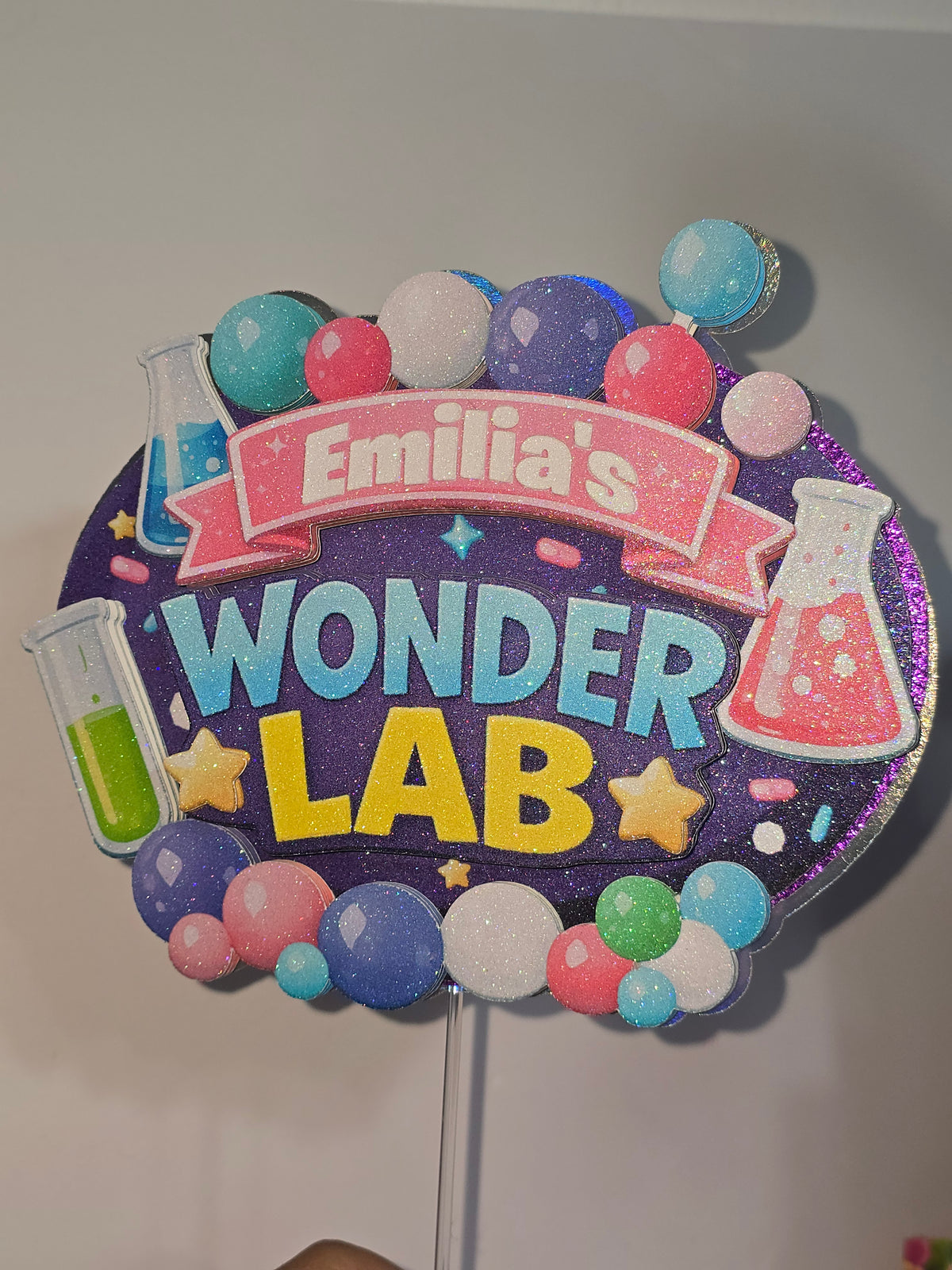 Personalized 3D Wonder Lab Cake Topper – Glitter with Name & Age