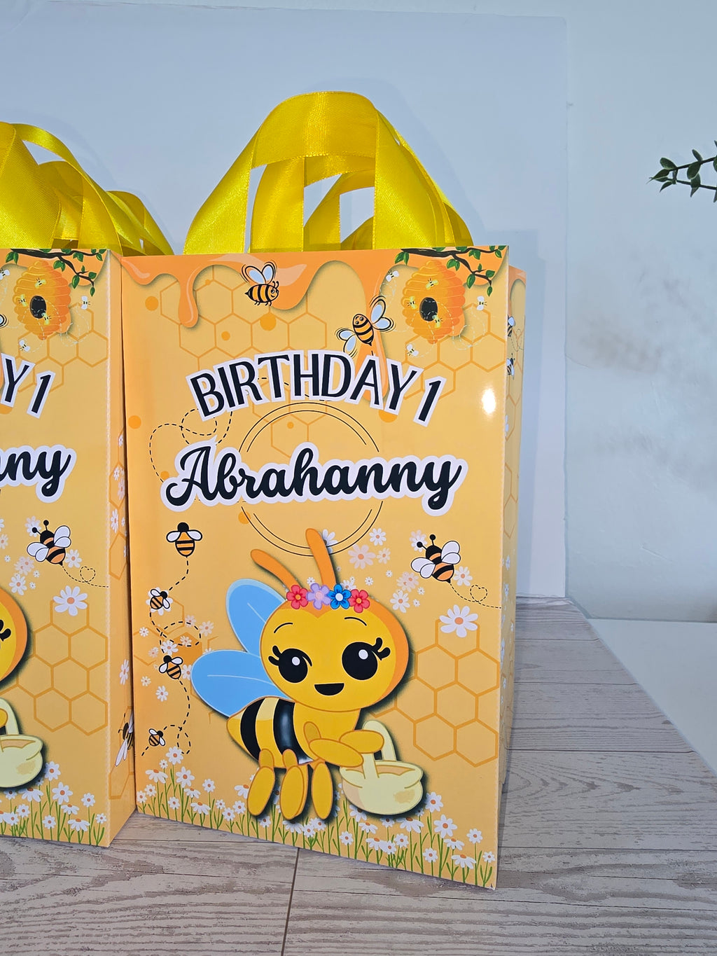 12 Personalized Abejita Chiquitica Birthday Gift Bags with Name & Age – 8.5"x5.5" Ribbon Handles