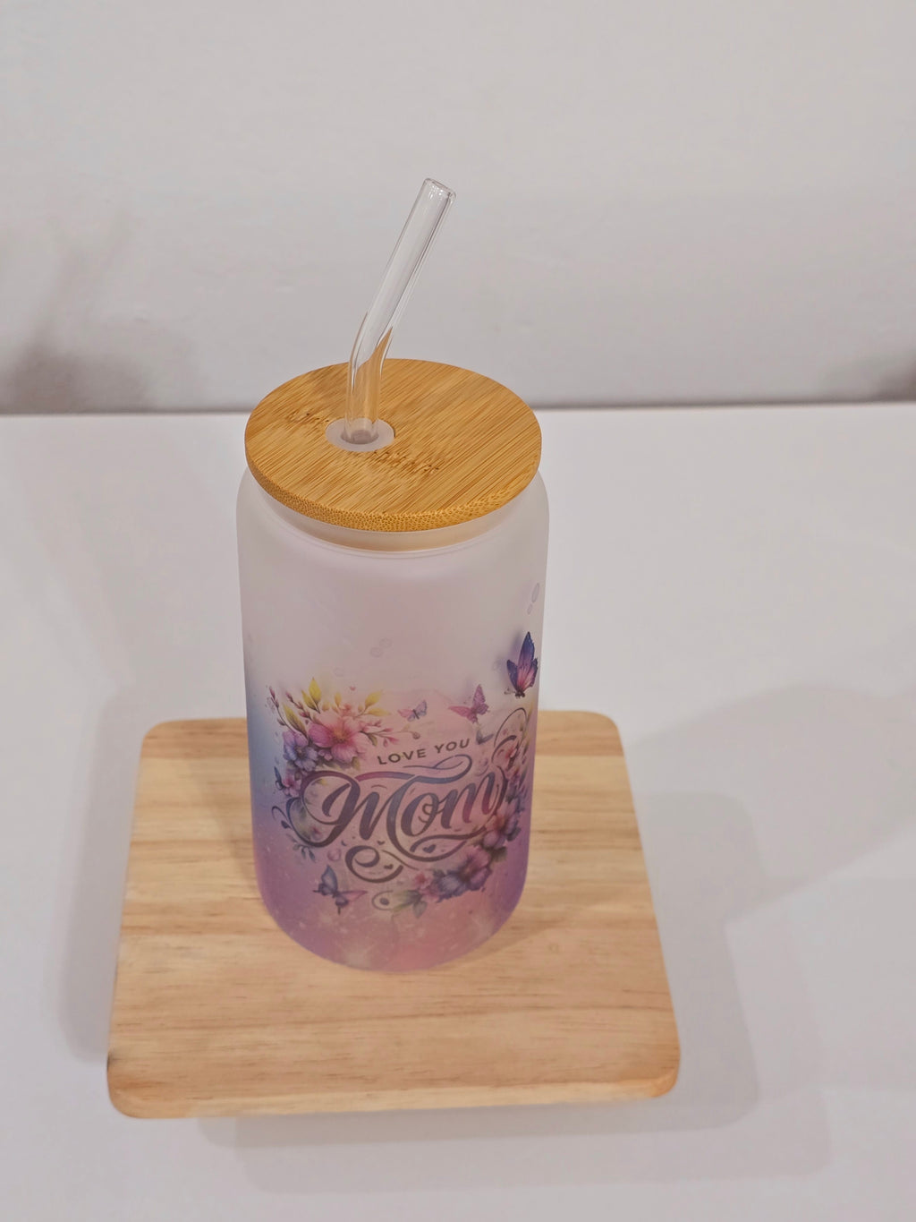 Personalized Glass Tumbler with Bamboo Lid & Glass Straw – Mother's Day Gift