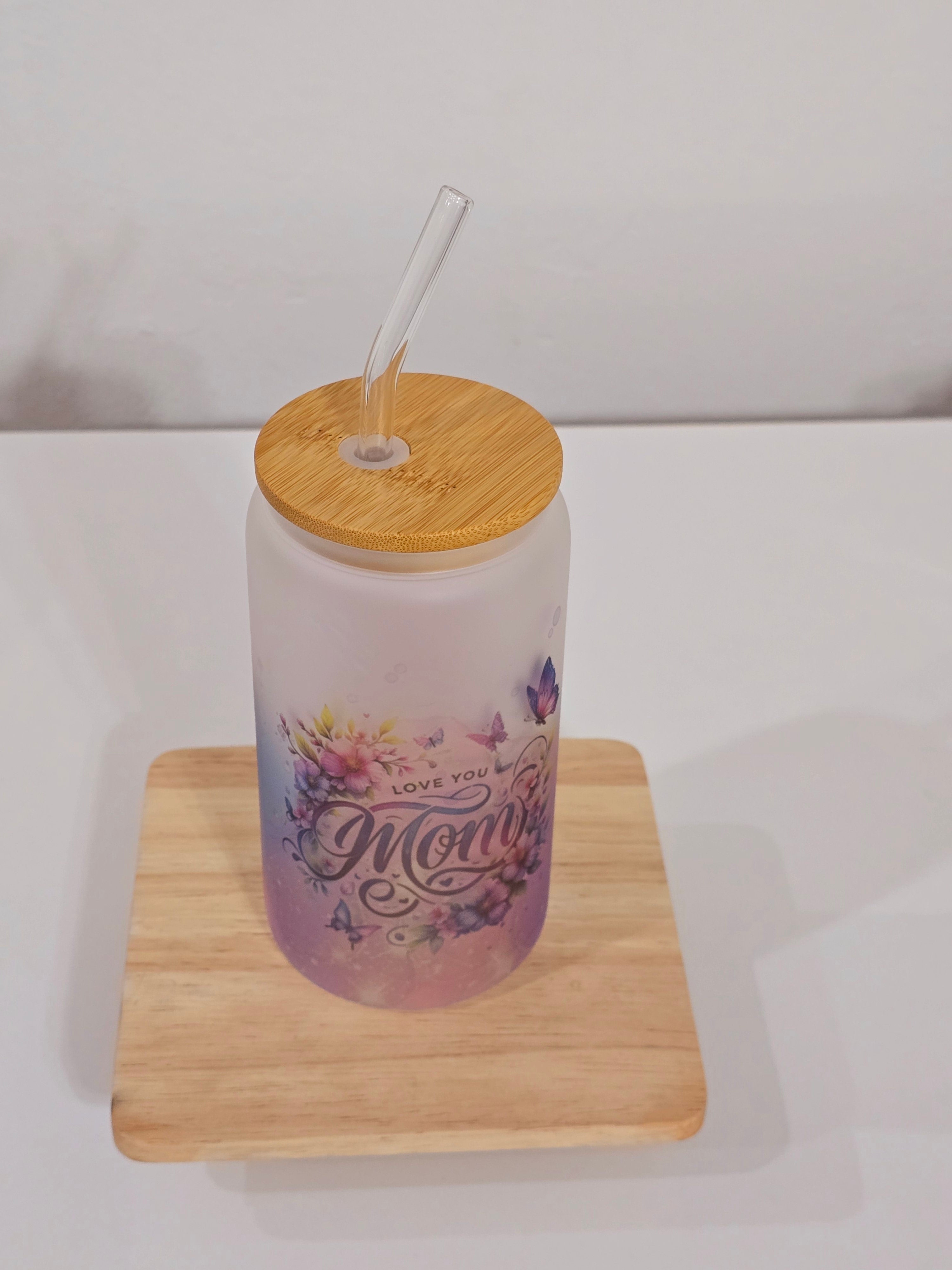 Personalized Glass Tumbler with Bamboo Lid & Glass Straw – Mother's Day Gift