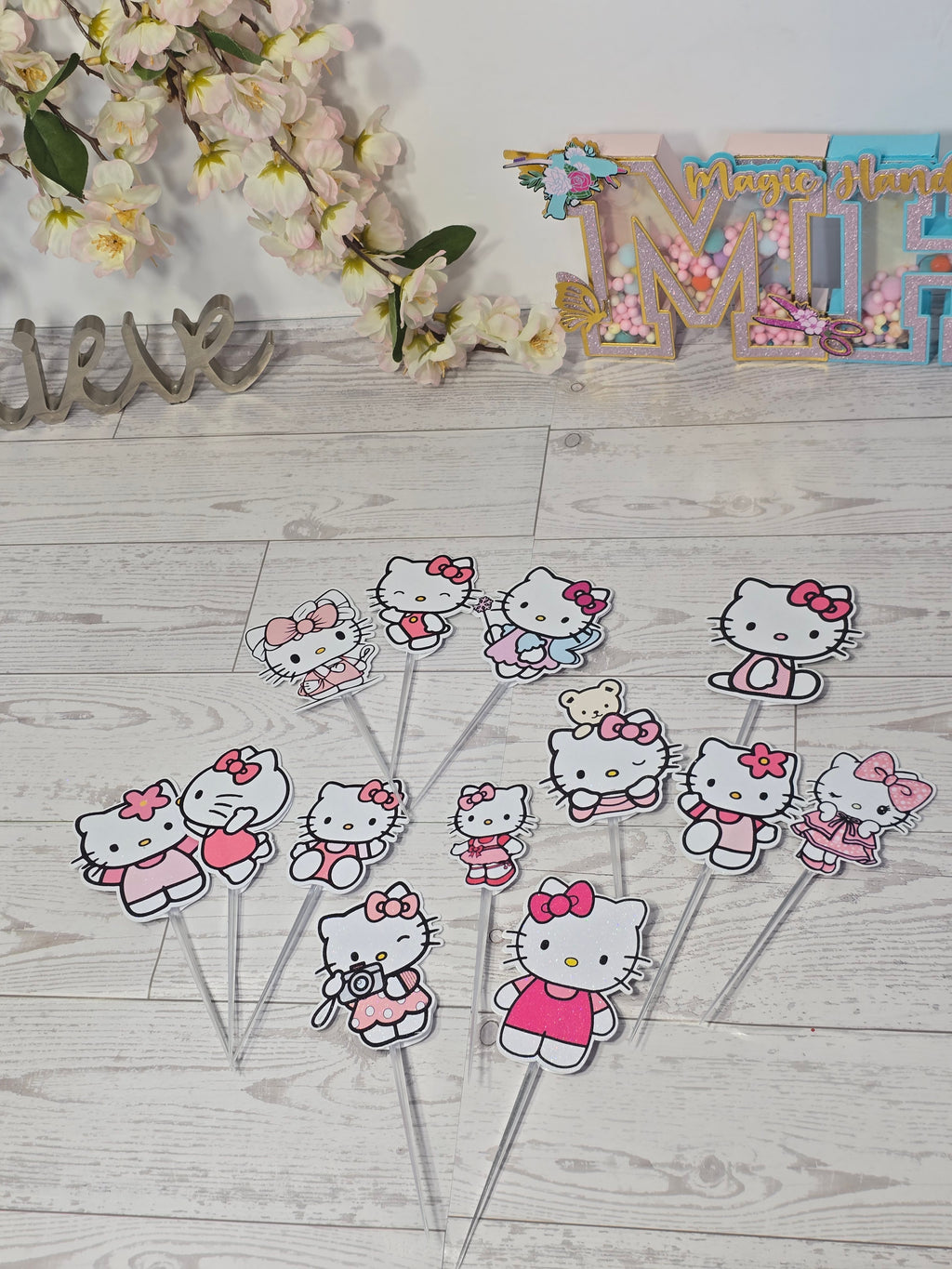 12 Pcs Glitter Cupcake Toppers – 12 Unique Kitty Designs | Birthday Party Picks