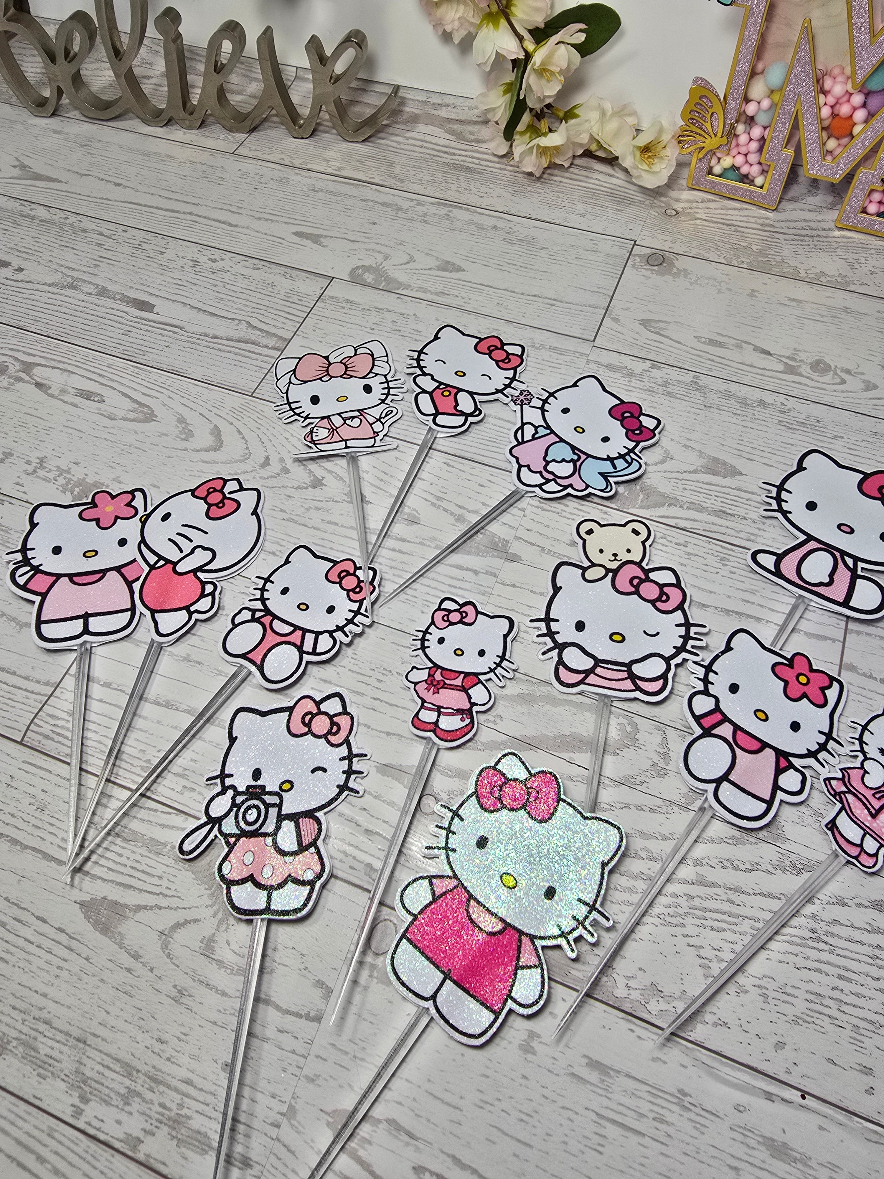 12 Pcs Glitter Cupcake Toppers – 12 Unique Kitty Designs | Birthday Party Picks