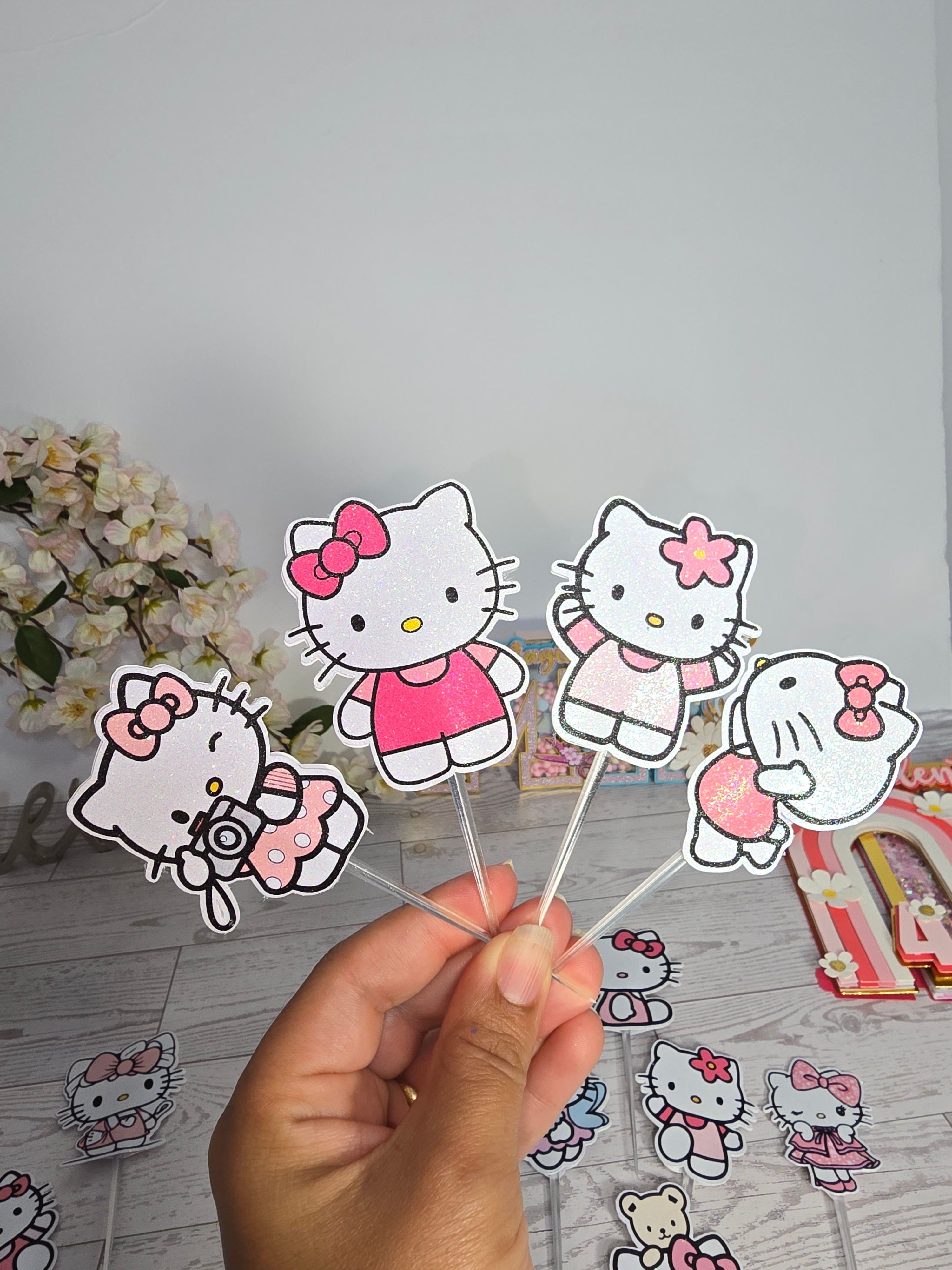12 Pcs Glitter Cupcake Toppers – 12 Unique Kitty Designs | Birthday Party Picks