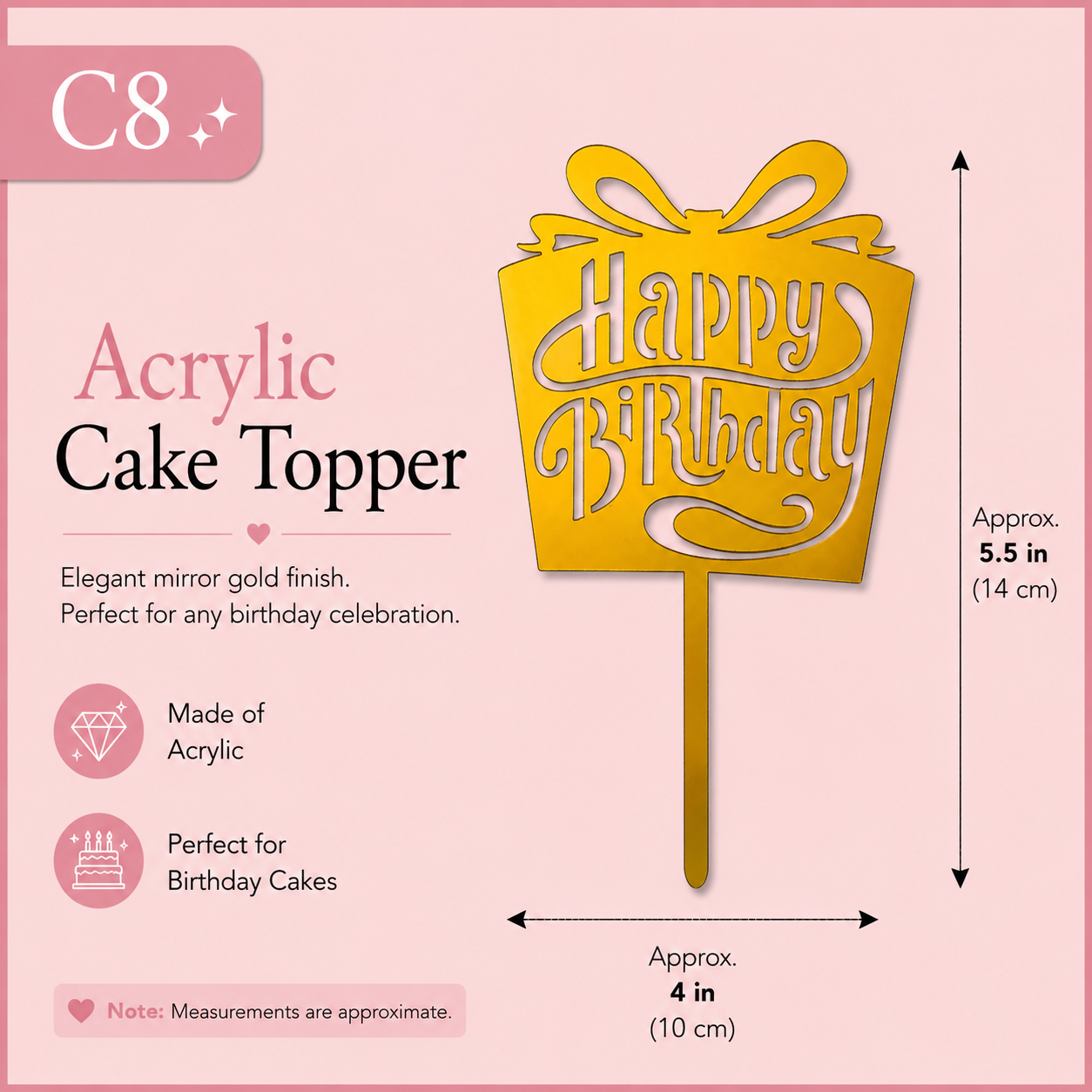 Golden Acrylic Happy Birthday Cake Topper | Mirror Gold Birthday Topper | Elegant Reusable Cake Decoration