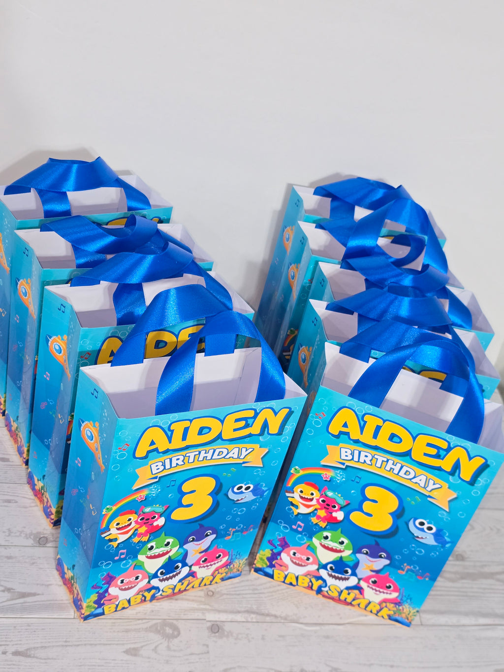 16 pcs Personalized Birthday Gift Bags with Name and Age – Bags with Ribbon Handles- 8.5"x5.5 (Baby Shark