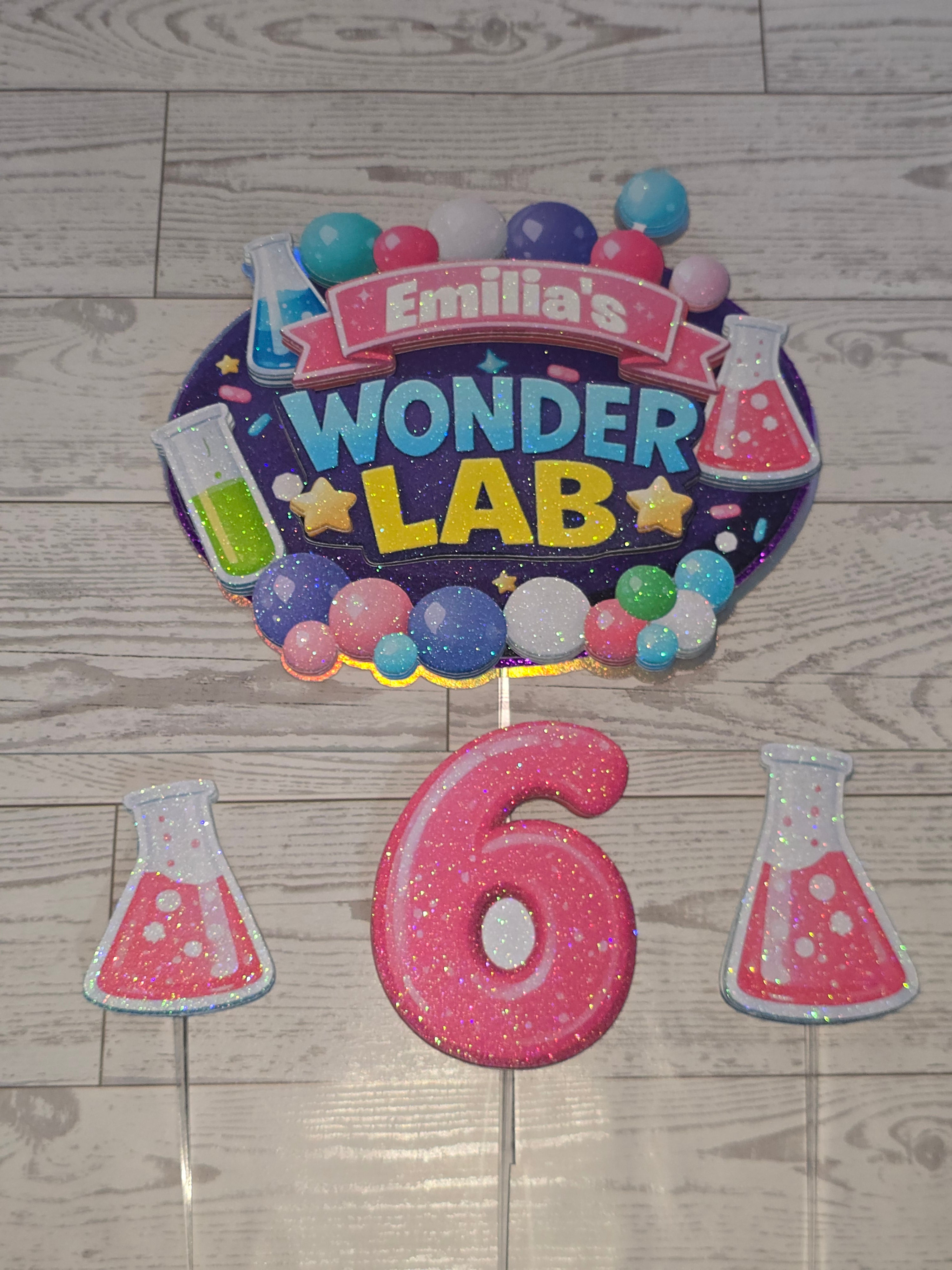 Personalized 3D Wonder Lab Cake Topper – Glitter with Name & Age
