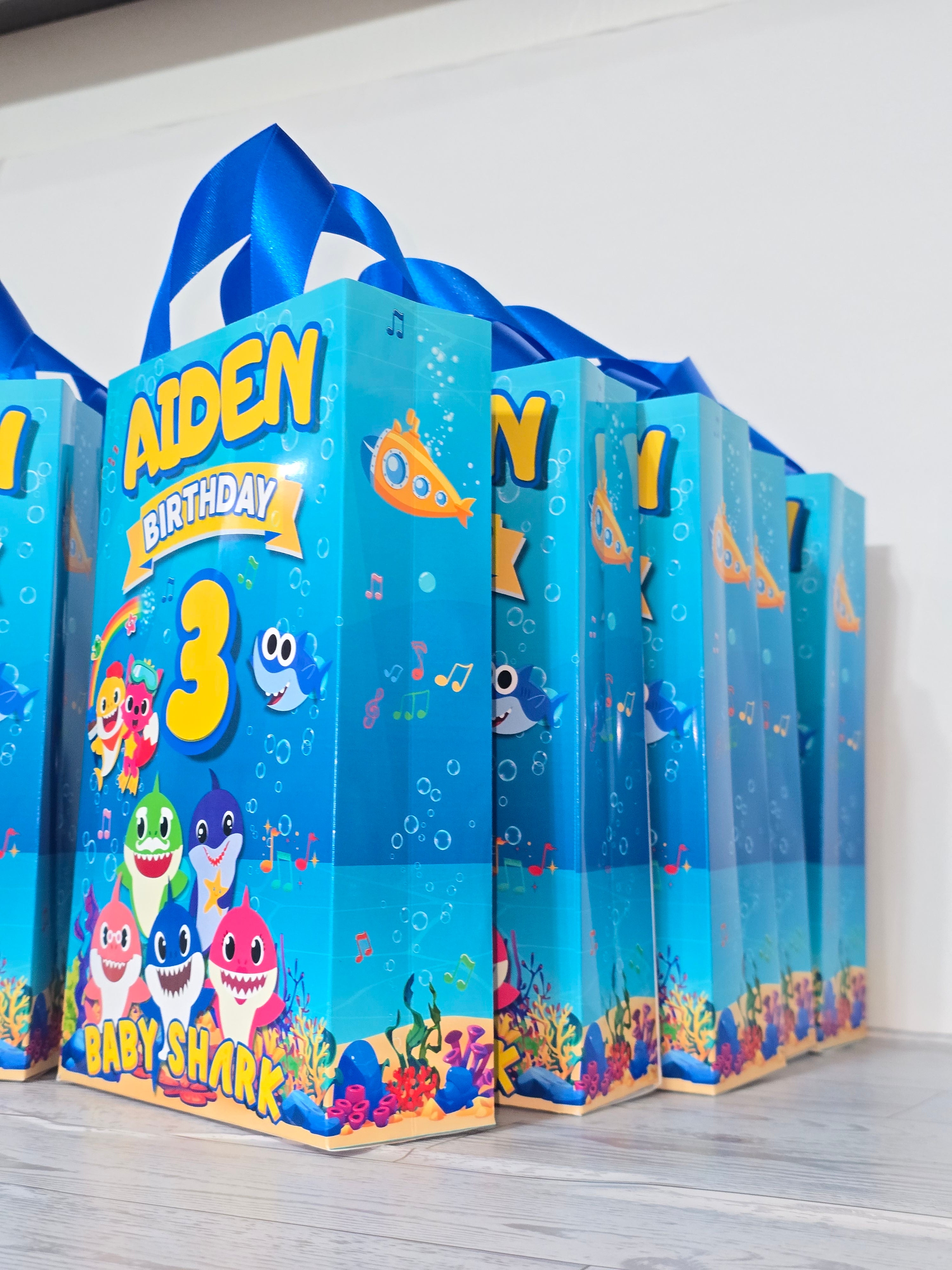 16 pcs Personalized Birthday Gift Bags with Name and Age – Bags with Ribbon Handles- 8.5"x5.5 (Baby Shark