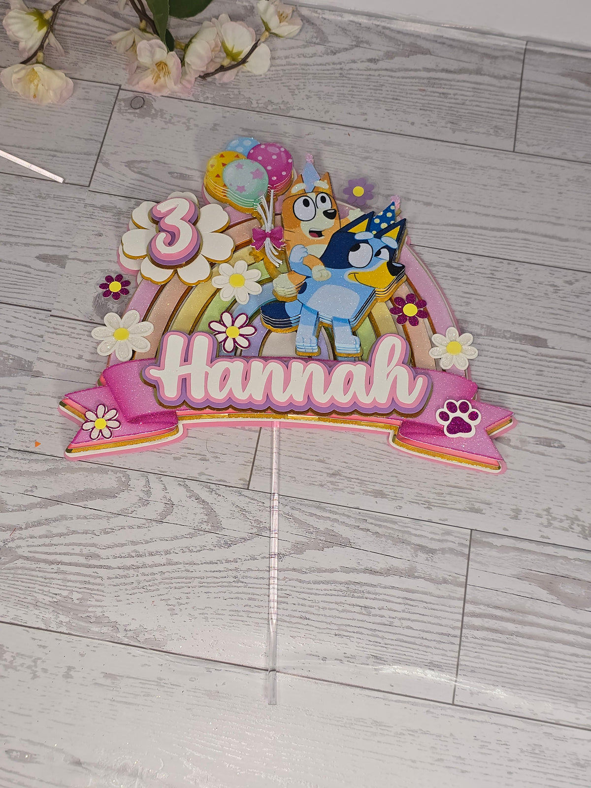 Personalized 3D Glitter Bluey Rainbow Cake Topper | Custom Birthday Party Decoration