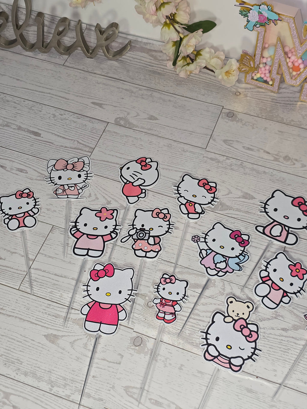 12 Pcs Glitter Cupcake Toppers – 12 Unique Kitty Designs | Birthday Party Picks