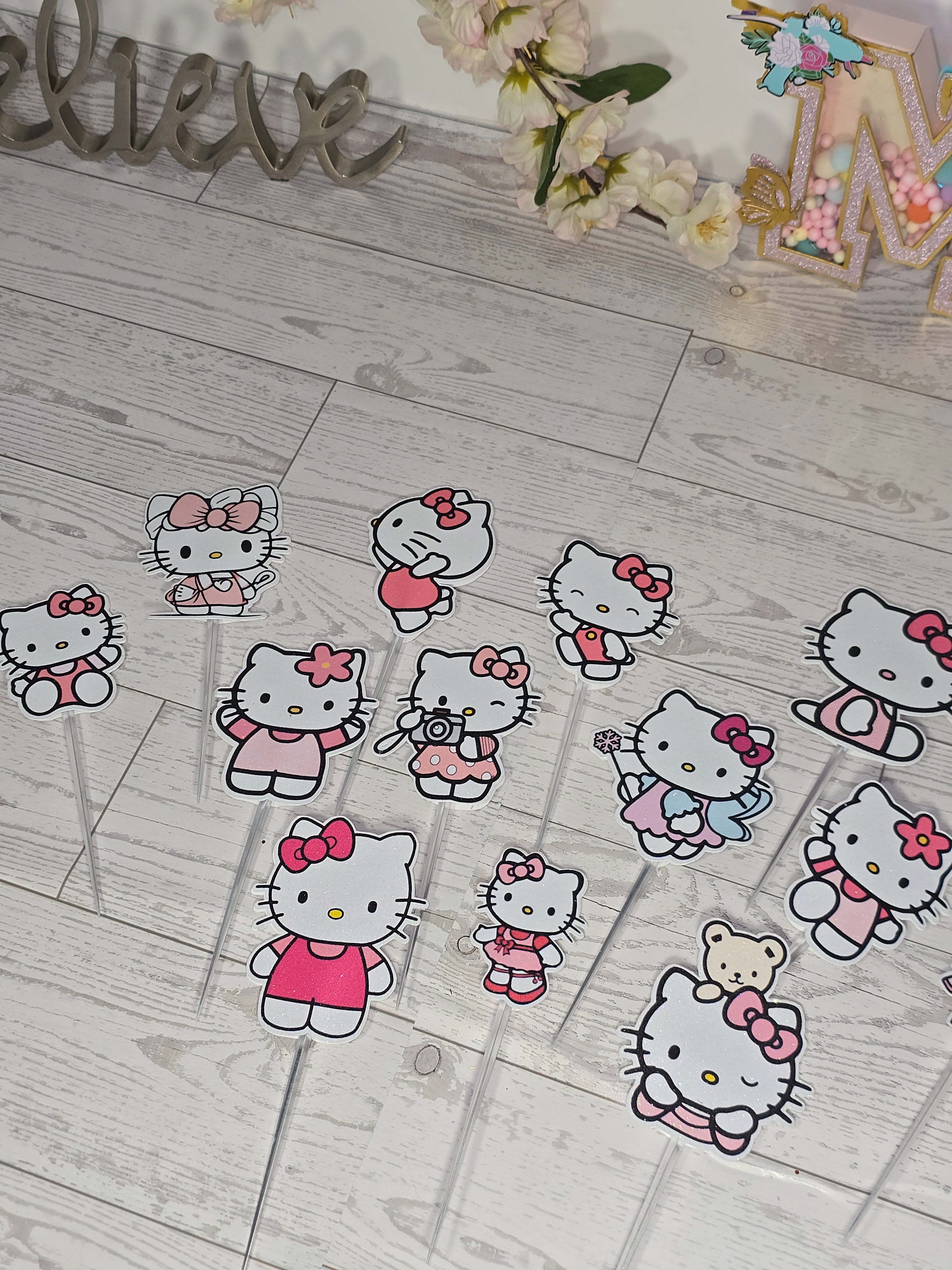 12 Pcs Glitter Cupcake Toppers – 12 Unique Kitty Designs | Birthday Party Picks