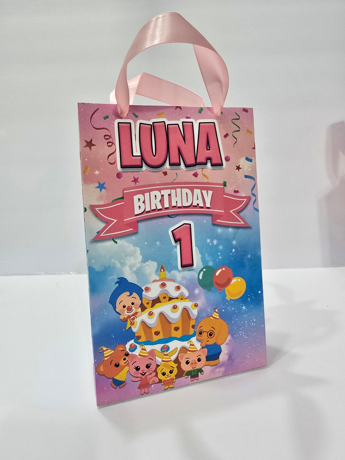 12 pcs Personalized Birthday Gift Bags with Name and Age – Bags with Ribbon Handles- 8.5"x5.5 (Plim plim)