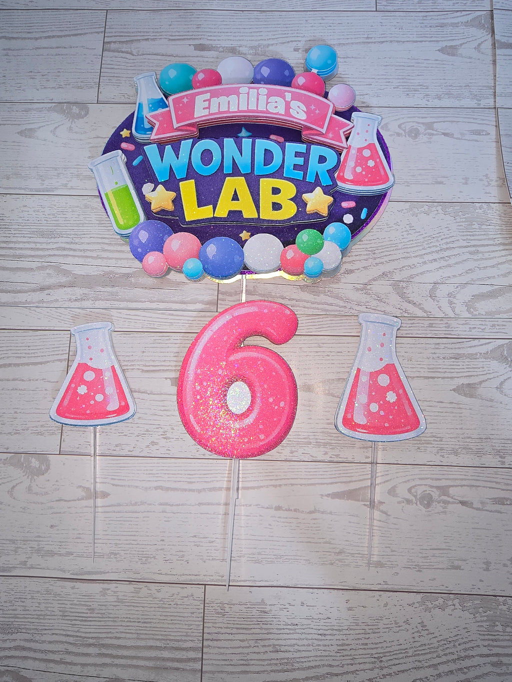 Personalized 3D Wonder Lab Cake Topper – Glitter with Name & Age