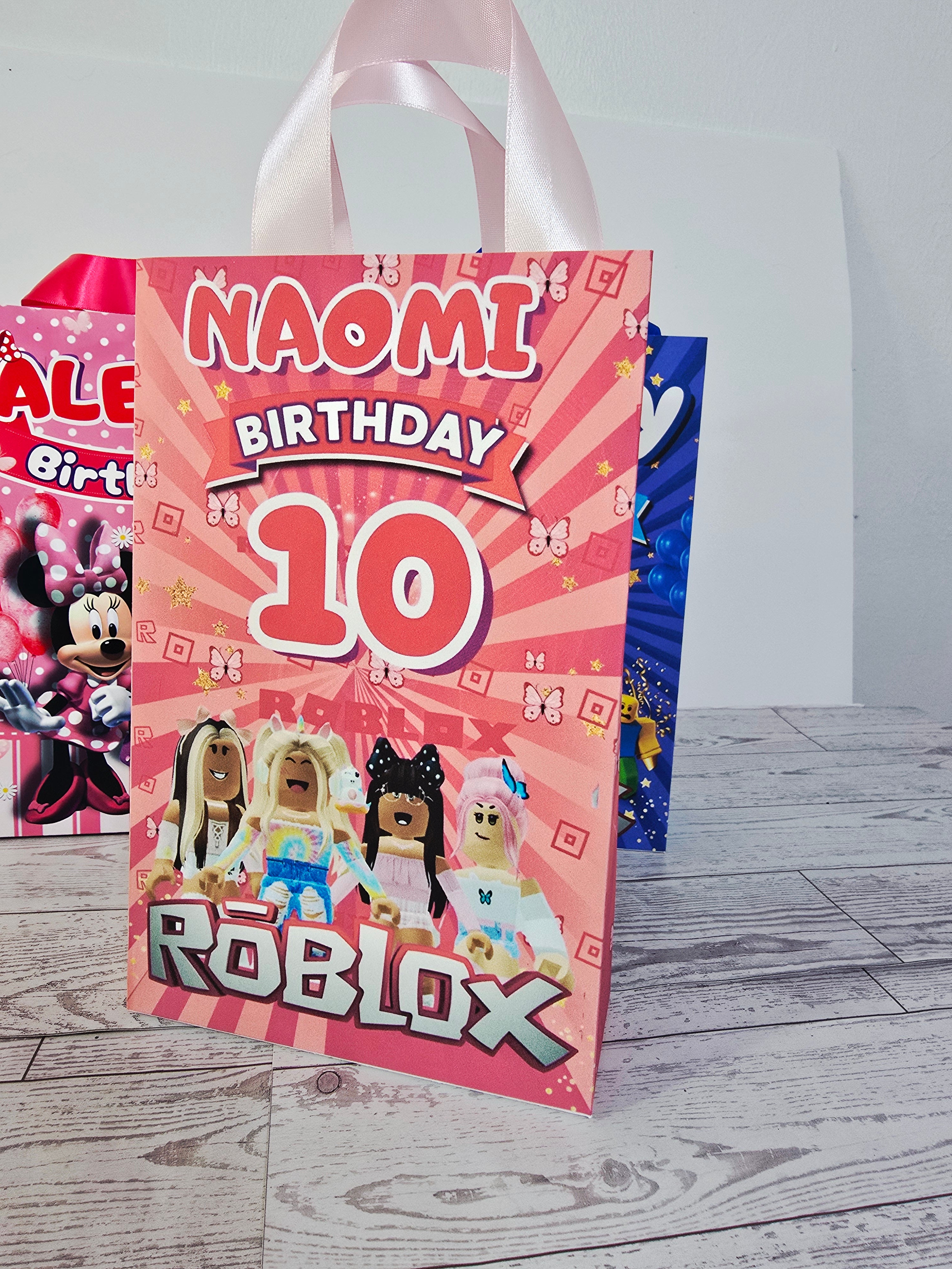 12 Personalized Roblox Birthday Gift Bags with Name & Age – 8.5"x5.5" Ribbon Handles