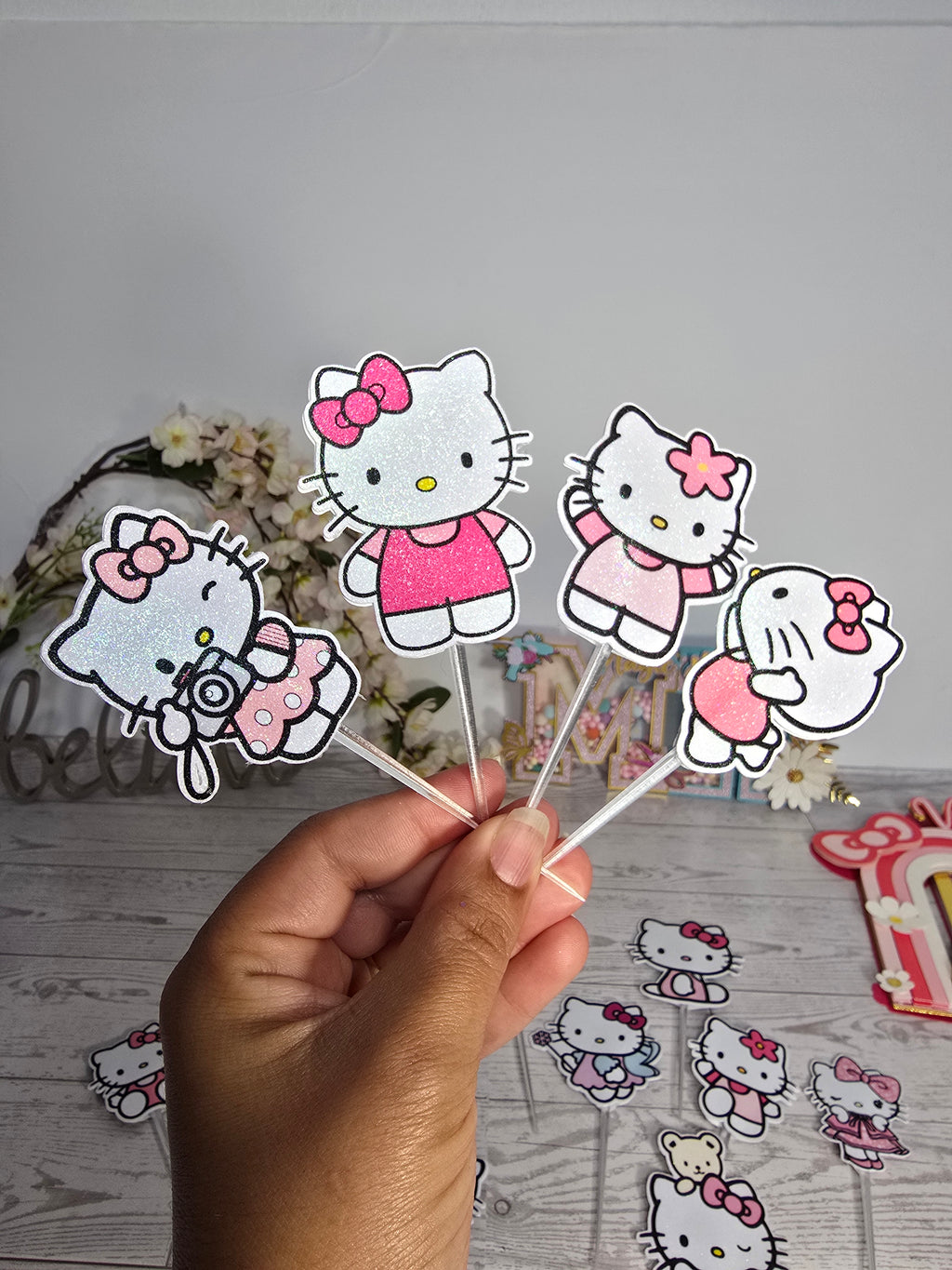 12 Pcs Glitter Cupcake Toppers – 12 Unique Kitty Designs | Birthday Party Picks