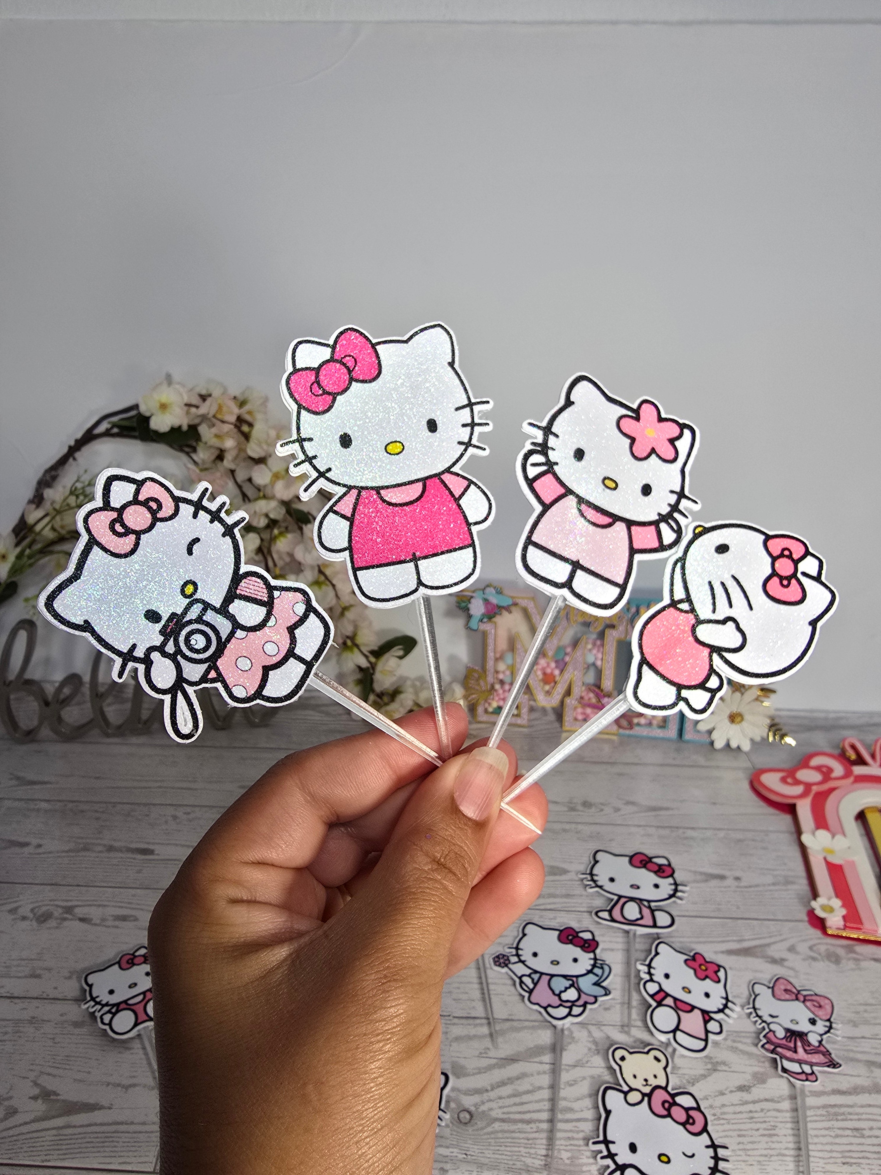 12 Pcs Glitter Cupcake Toppers – 12 Unique Kitty Designs | Birthday Party Picks