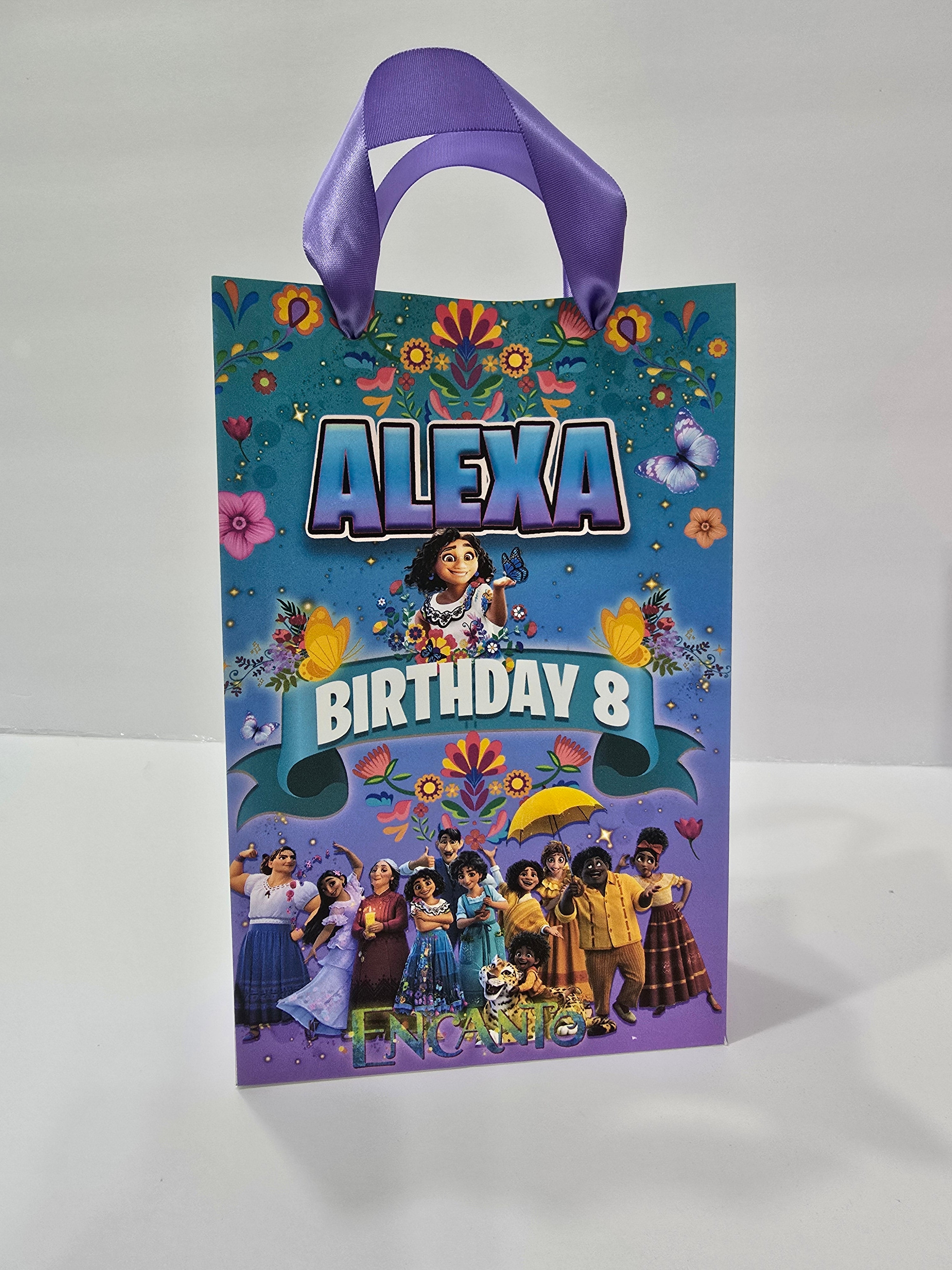12 pcs Personalized Birthday Gift Bags with Name and Age – Bags with Ribbon Handles- 8.5"x5.5 (Encanto)