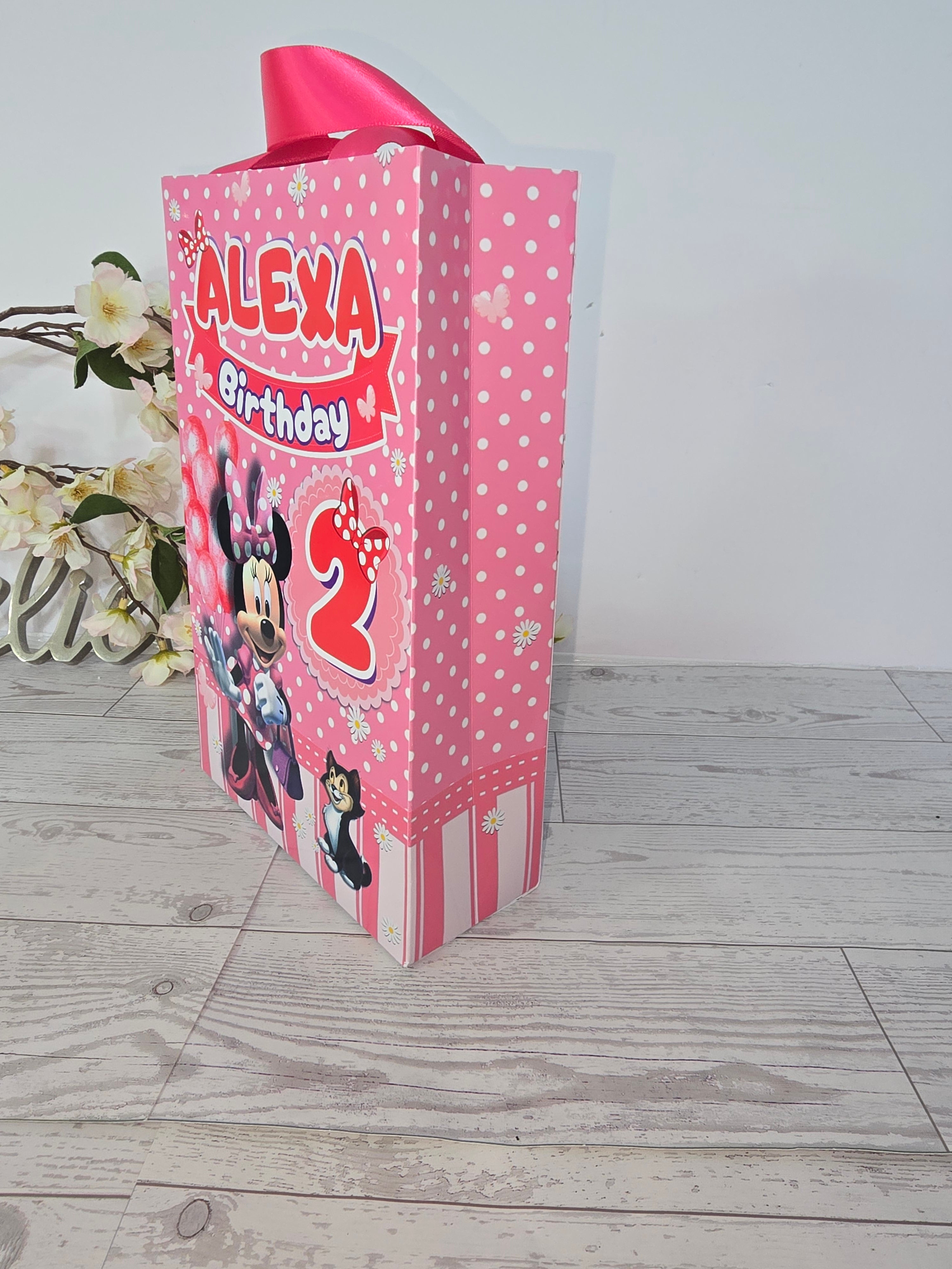 12 pcs Personalized Birthday Gift Bags with Name and Age – Bags with Ribbon Handles- 8.5"x5.5 Minnie
