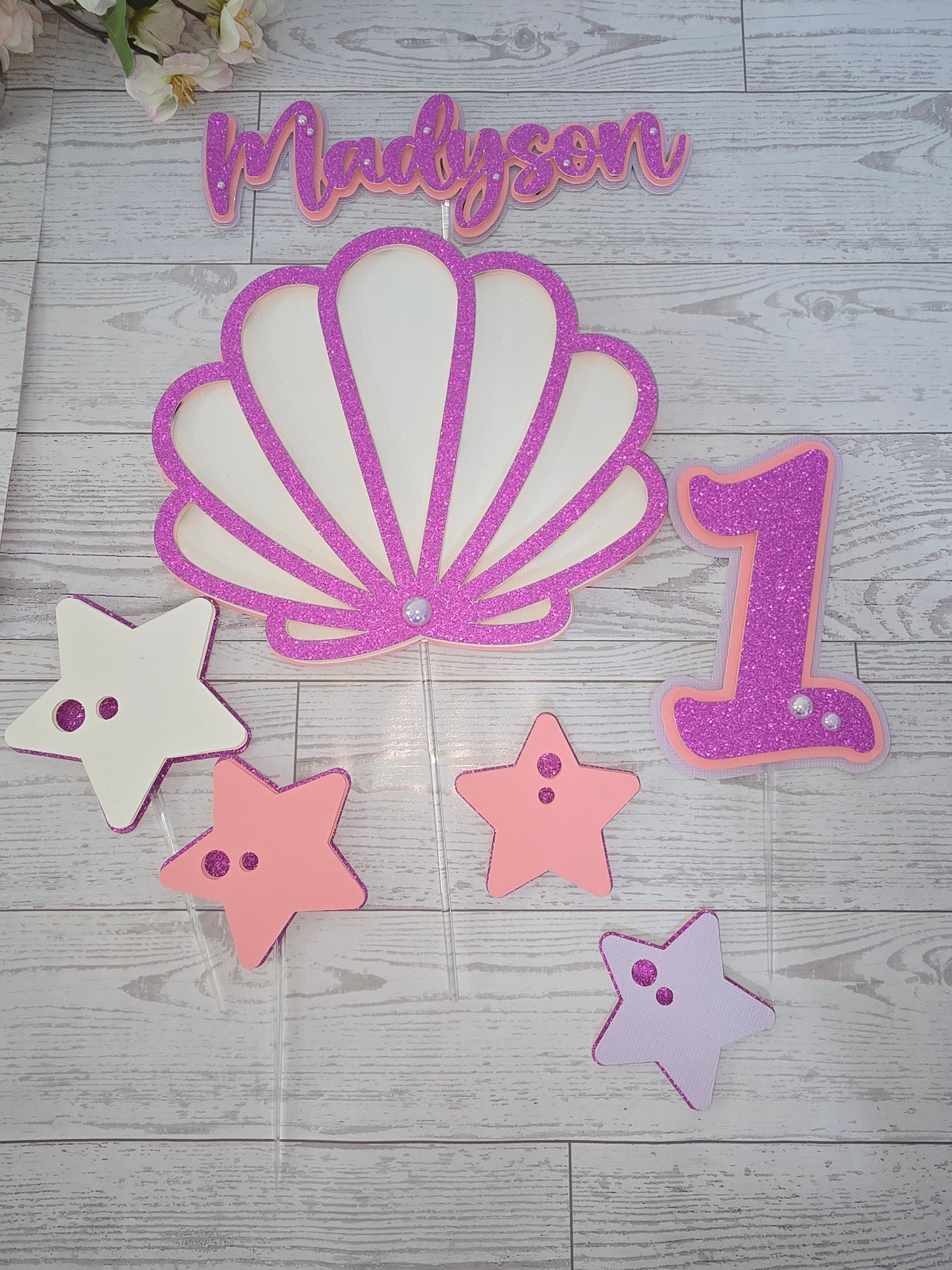 Personalized 3D Seashell Cake Topper Set – Glitter with Starfish