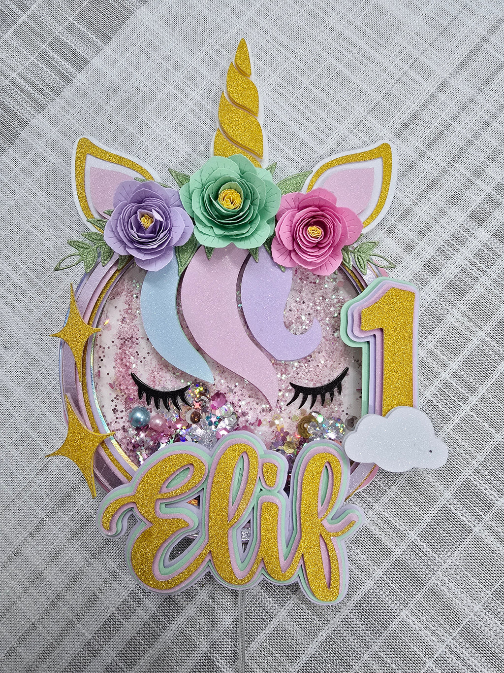 Personalized 3D Glitter Unicorn Cake Topper