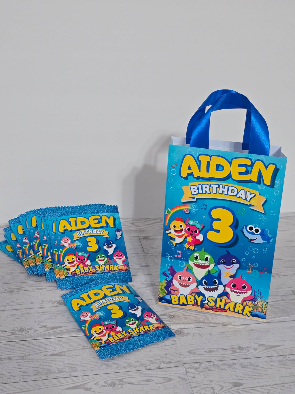 16 pcs Personalized Birthday Gift Bags with Name and Age – Bags with Ribbon Handles- 8.5"x5.5 (Baby Shark