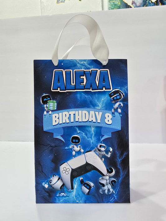 12 bolsas de regalo de cumpleaños personalizadas con nombre y edad. Bolsas con asas de cinta. 21,5 x 14 cm (Astrobot).