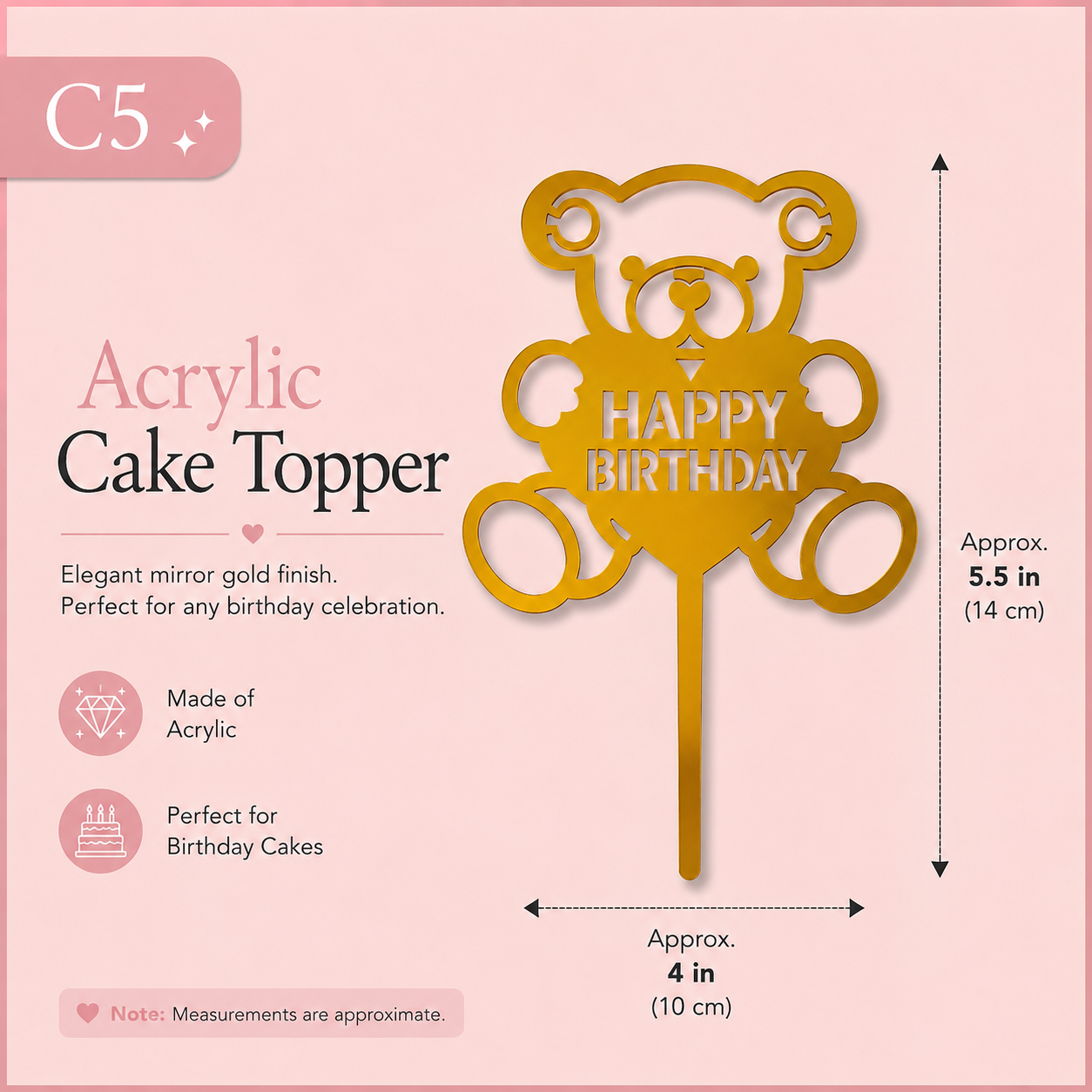 Golden Acrylic Happy Birthday Cake Topper | Mirror Gold Birthday Topper | Elegant Reusable Cake Decoration