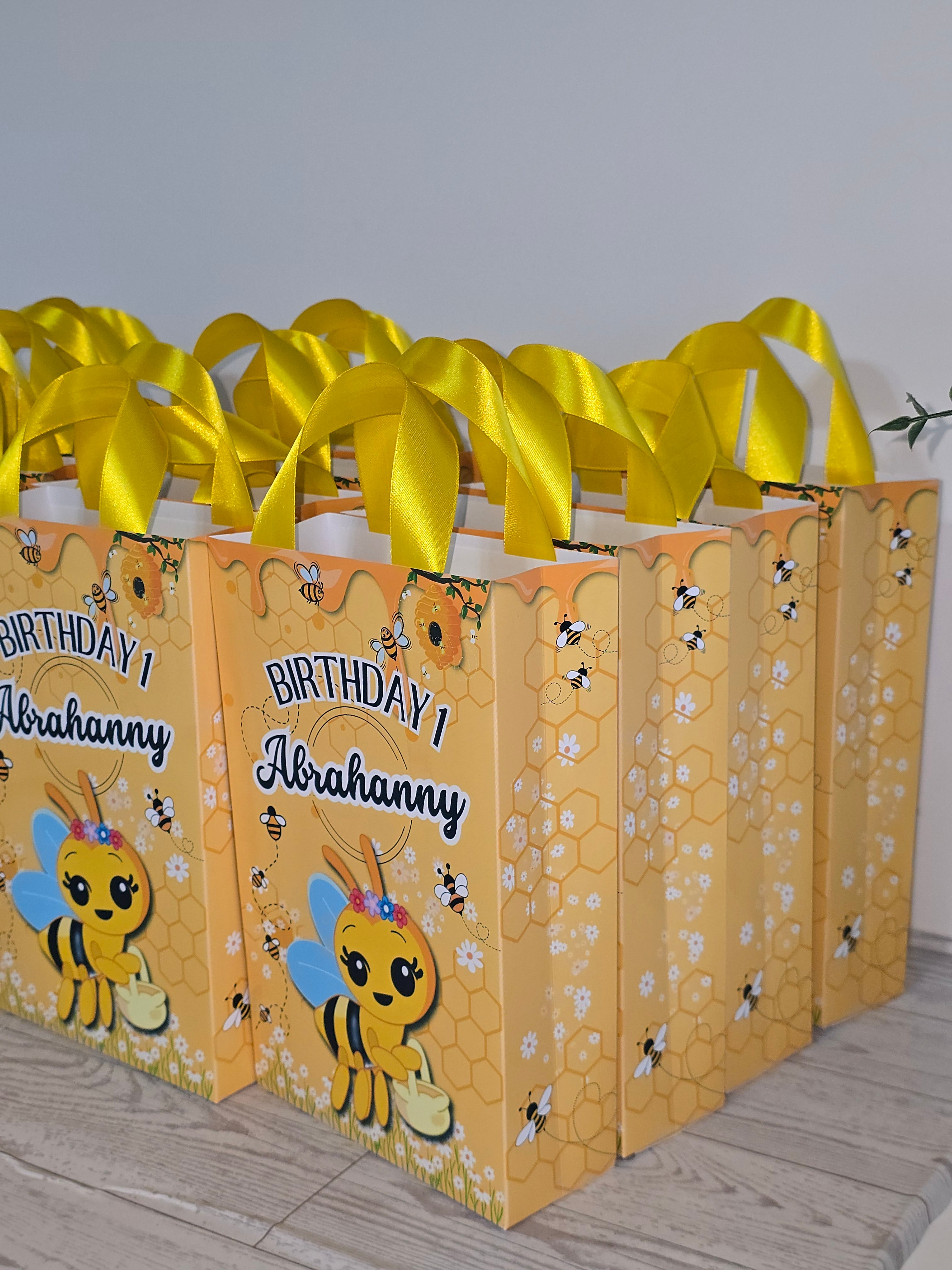 12 Personalized Abejita Chiquitica Birthday Gift Bags with Name & Age – 8.5"x5.5" Ribbon Handles