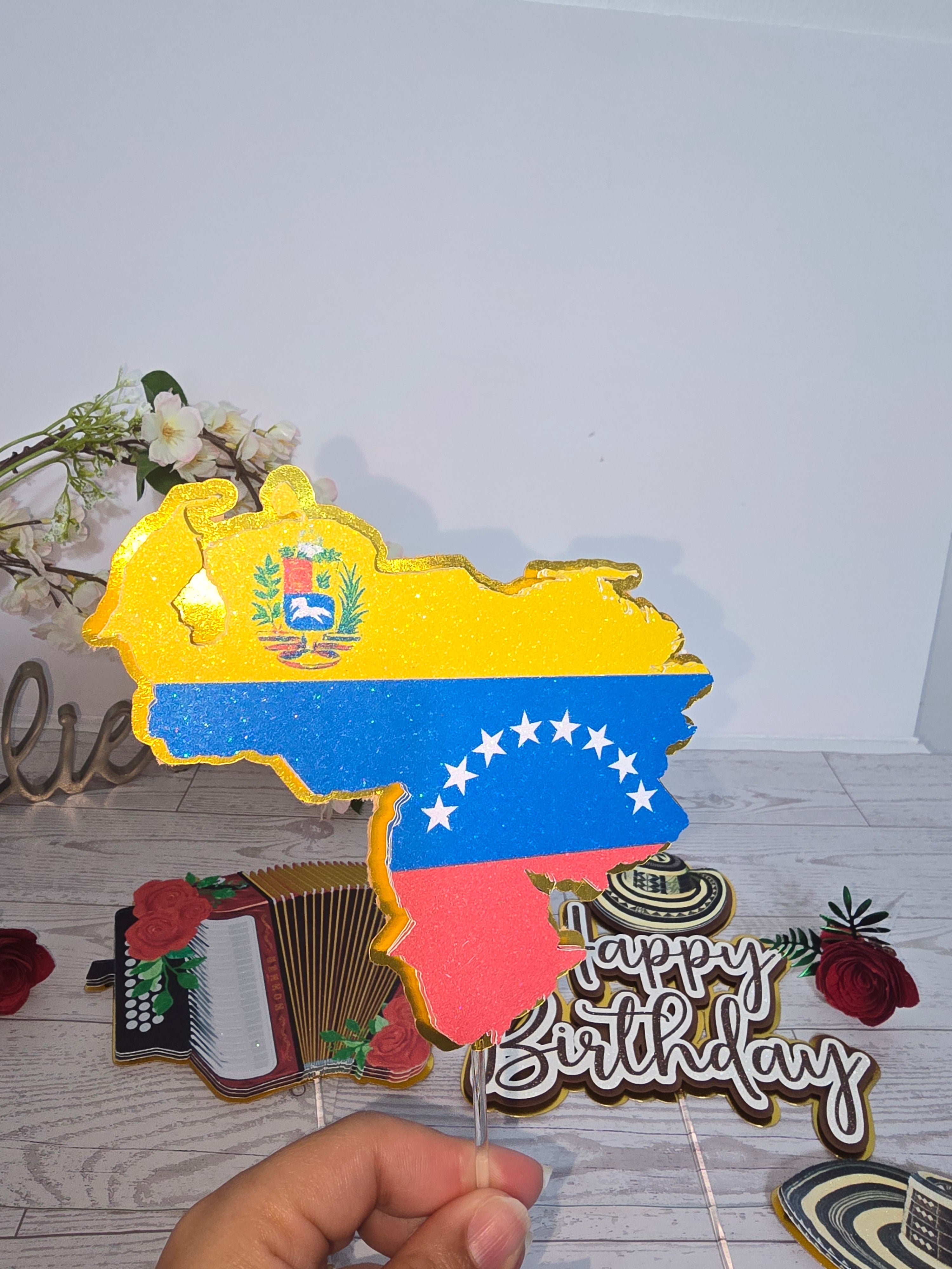 Personalized 3D Glitter Cake Topper Set – Sombrero Bolteao | Colombia & Venezuela Theme