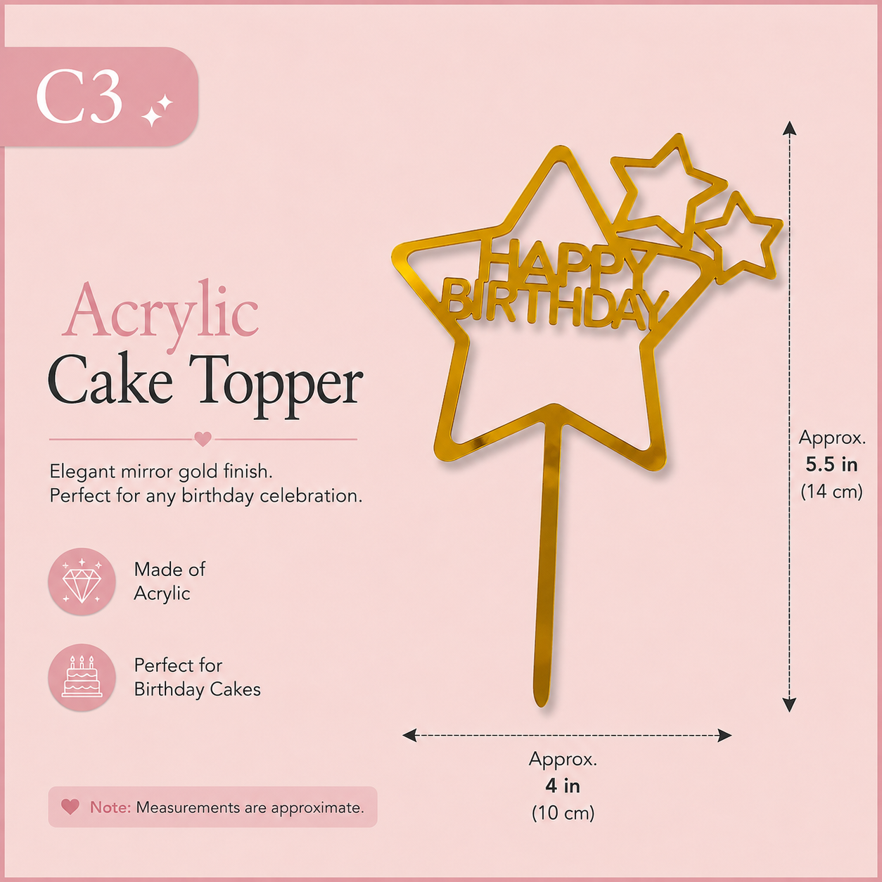 Golden Acrylic Happy Birthday Cake Topper | Mirror Gold Birthday Topper | Elegant Reusable Cake Decoration